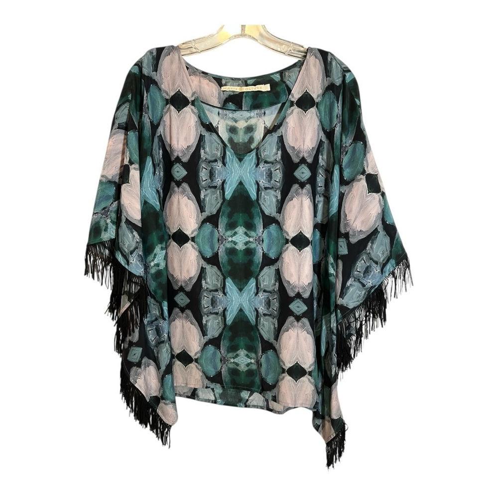 Marie Oliver Abstract Fringe Blue Pink Pullover Size Large , MSRP $268